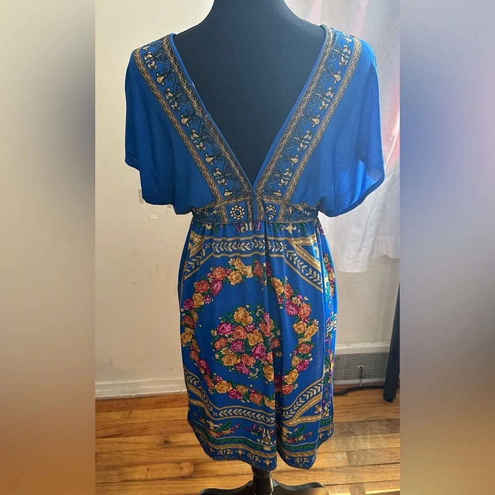 Blue Floral V-Neck Women’s Dress - Picture 2 of 3